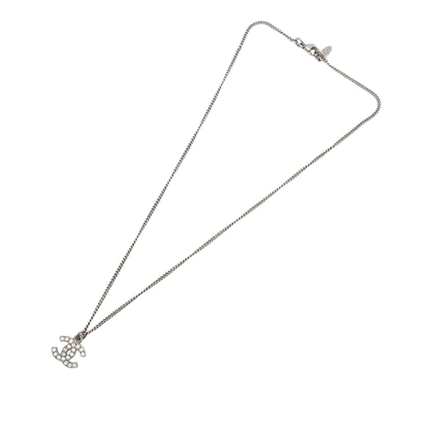Chanel CC Silver Plated Rhinestone Pendant Necklace Silver Metal Good condition - Front View