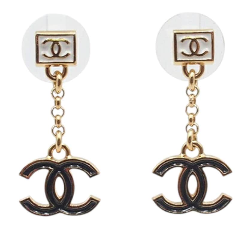 Chanel CC Gold Plated Enamel Drop Push Back Earrings Gold Metal Good condition - Front View