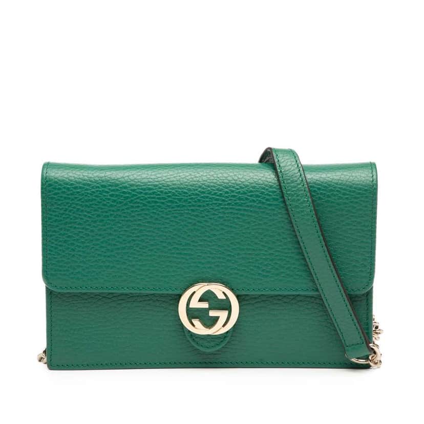 Gucci Interlocking G Dollar Calfskin Wallet on Chain Green Leather Very good condition - Front View
