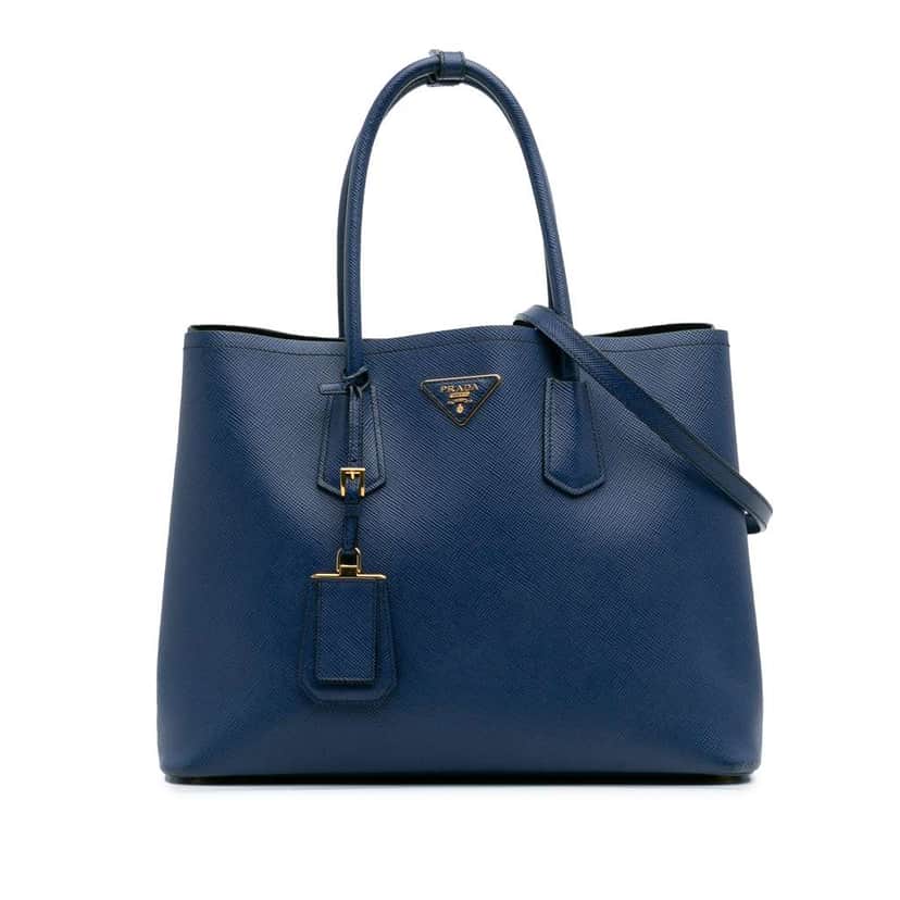 Prada Large Saffiano Cuir Double Satchel Blue Leather Good condition - Front View