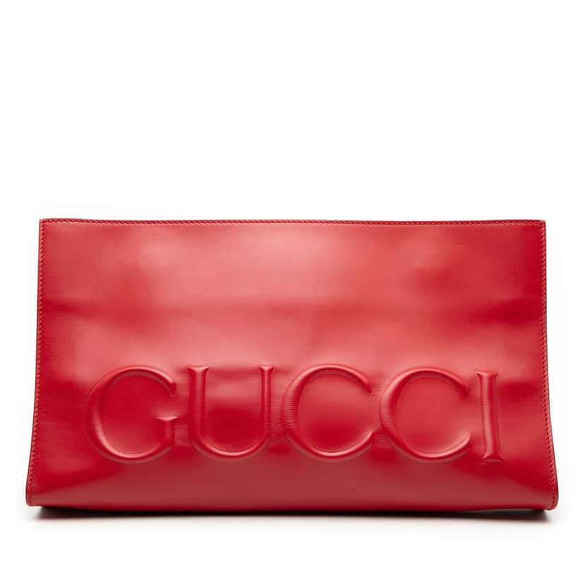 Gucci Embossed Leather Logo Clutch Red Leather Good condition - Front View