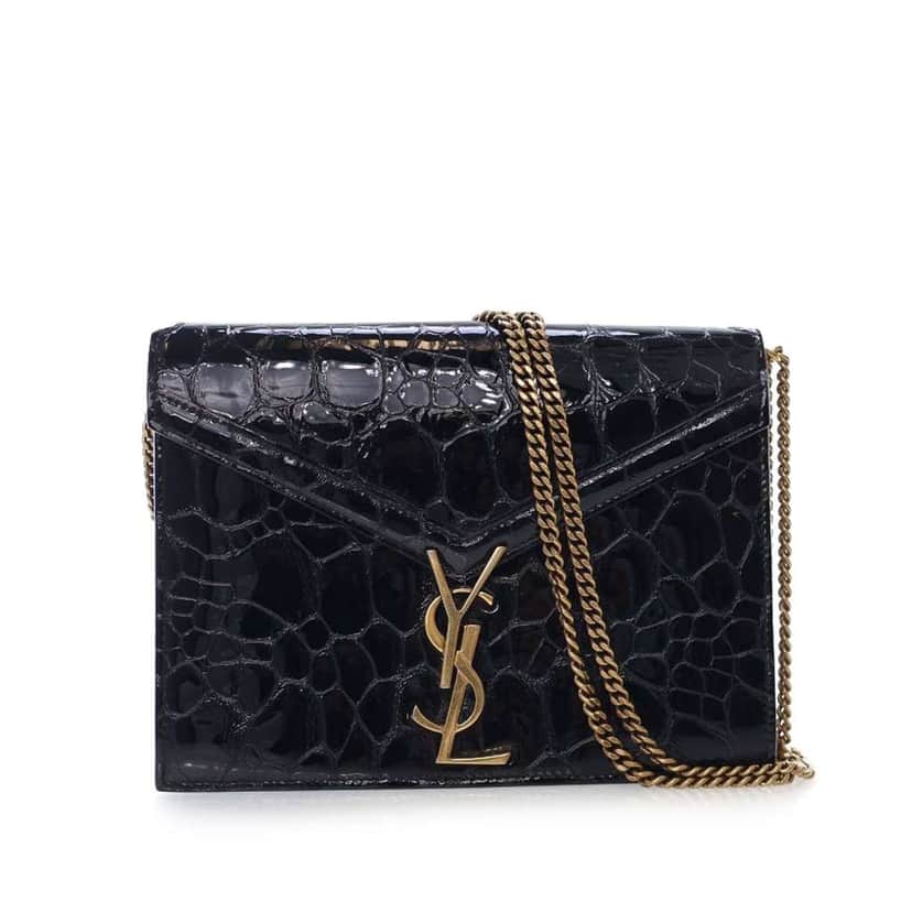 Saint Laurent Shiny Croc Embossed Calfskin Monogram Cassandra Clasp Bag Black Leather Good condition - Front View