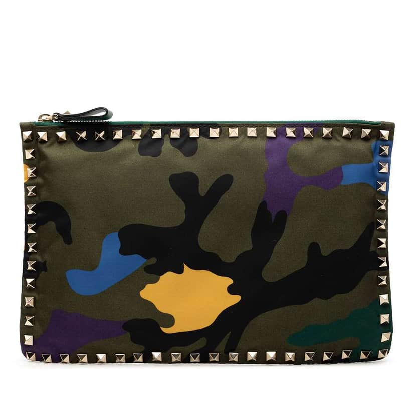 Valentino Nylon Rockstud Camouflage Zip Clutch Green Good condition - Front View