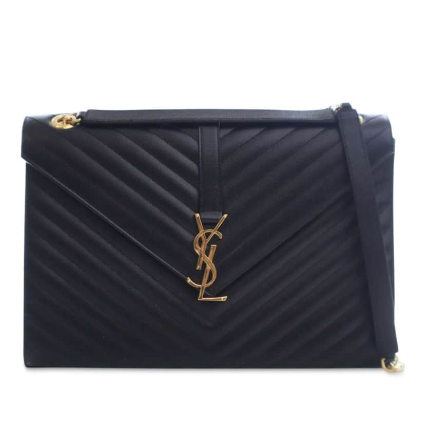 Saint Laurent Large Grain de Poudre Monogram Chevron Envelope Bag Black Leather Good condition - Front View