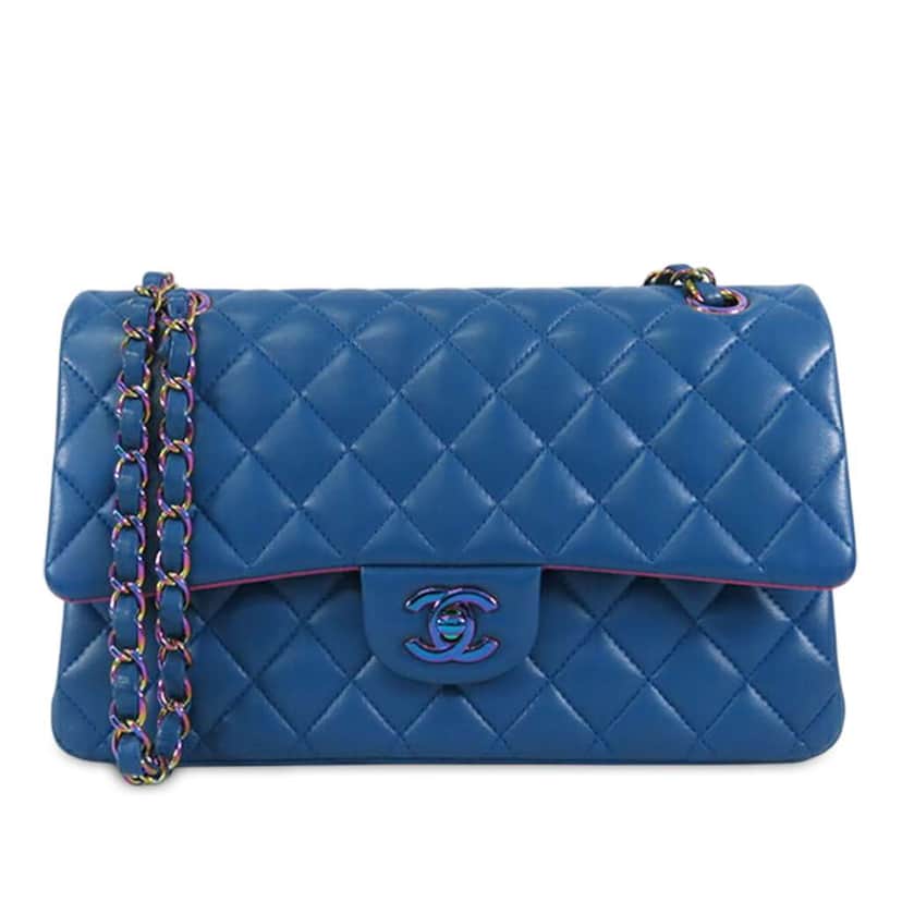 Chanel Medium Classic Lambskin Rainbow Hardware Double Flap Blue Leather Very good condition - Front View
