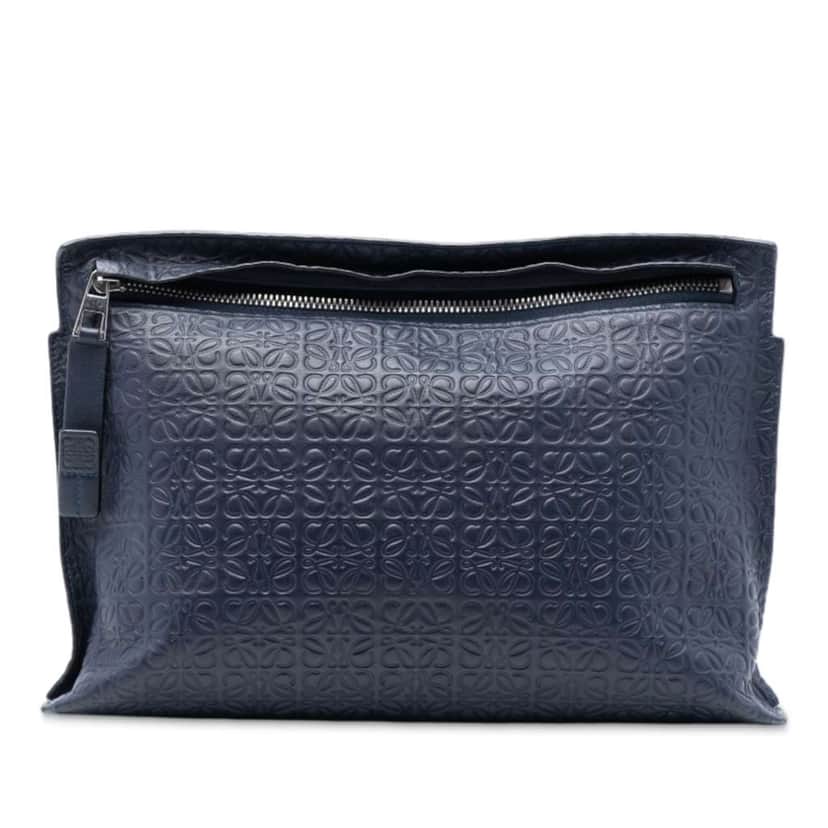 Loewe Embossed Leather Anagram Repeat T Clutch Blue Leather Good condition - Front View