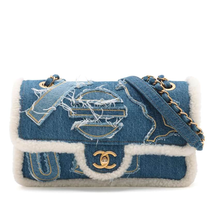 Chanel Medium Shearling Denim Egypt Hieroglyph Single Flap Blue Denim Good condition - Front View