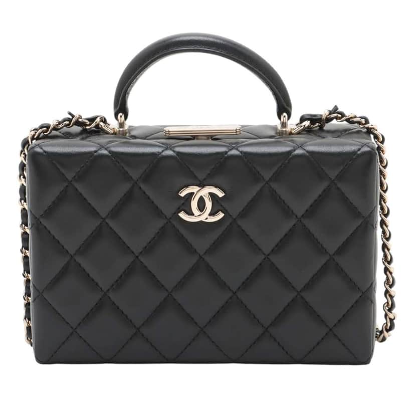 Chanel CC Quilted Lambskin Top Handle Box Bag Black Leather Very good condition - Front View