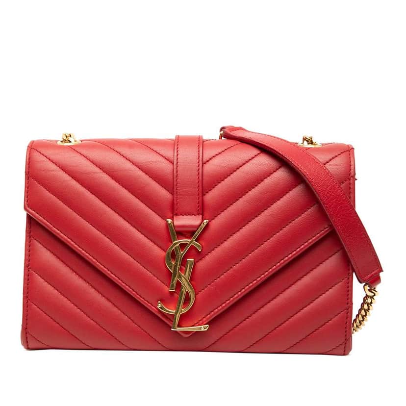 Saint Laurent Small Chevron Calfskin Monogram Envelope Bag Red Leather Very good condition - Front View