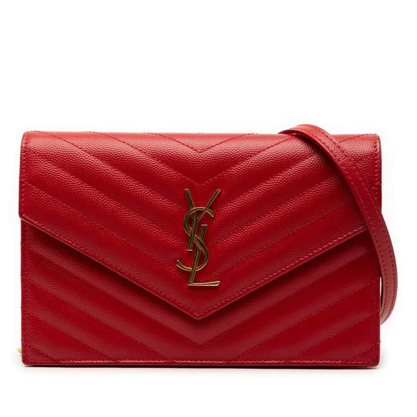 Saint Laurent Grain De Poudre Matelasse Chevron Monogram Chain Wallet Red Leather Good condition - Front View