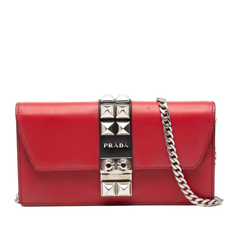 Prada City Calfskin Studded Elektra Clutch with Chain Red Leather Very good condition - Front View