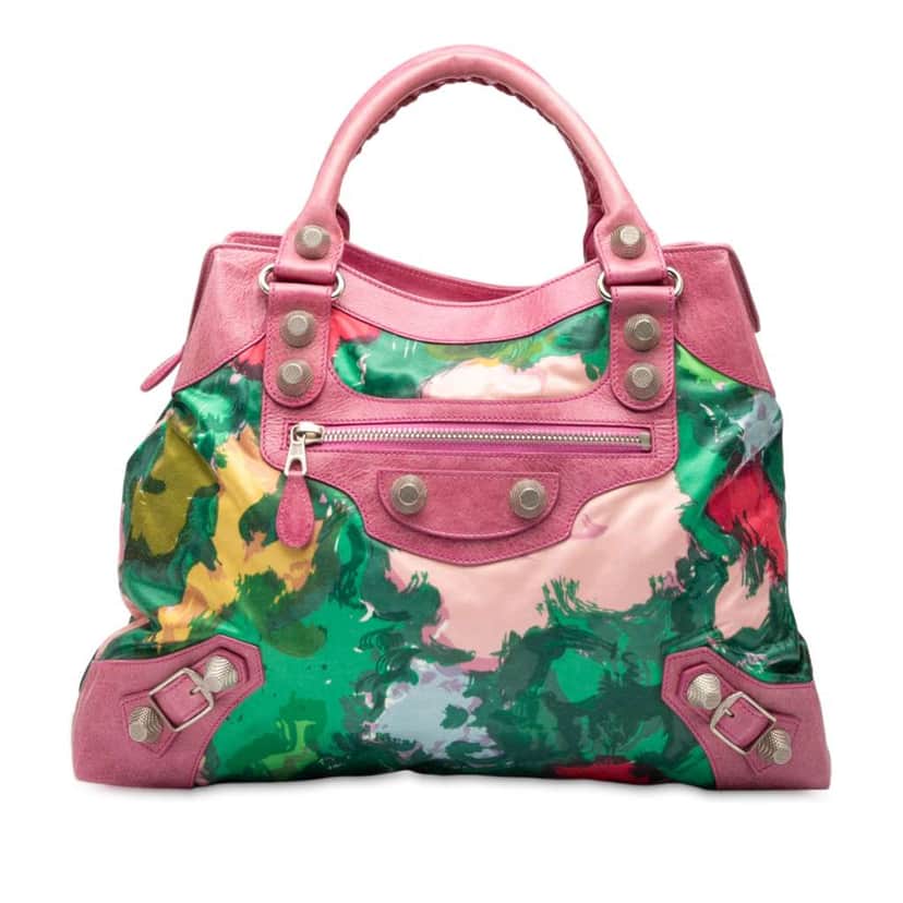 Balenciaga Lambskin and Satin Floral Print Motocross Giant 21 Brief Satchel Pink Satin Very good condition - Front View