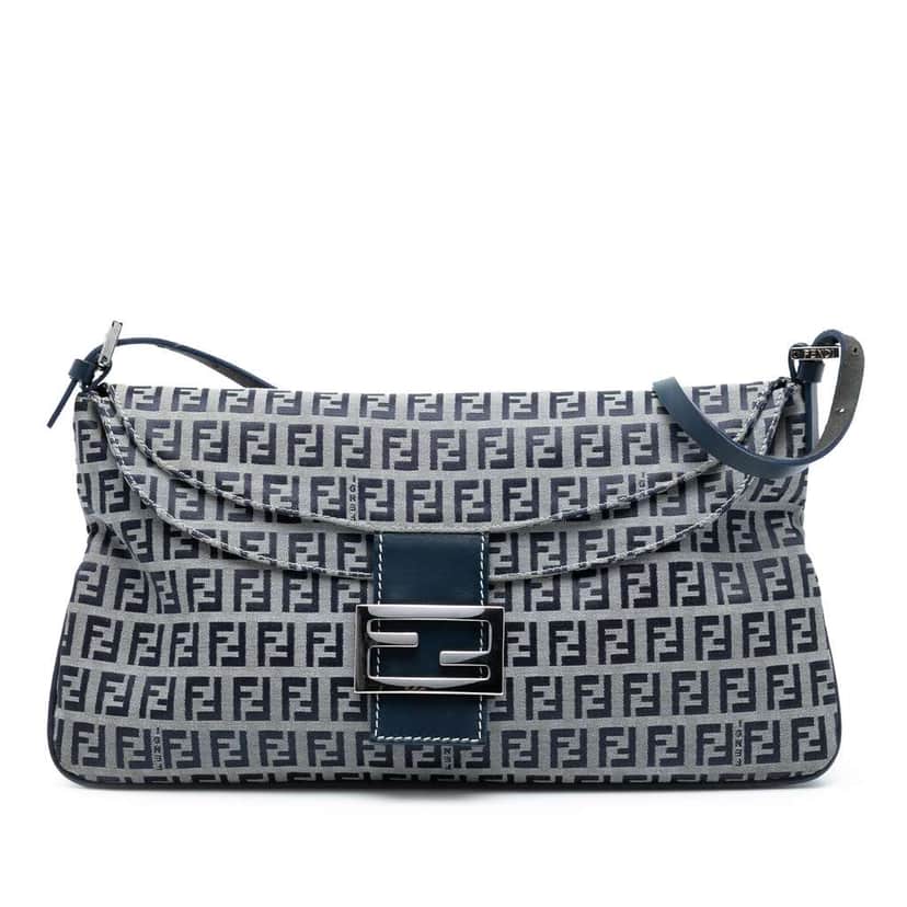 Fendi Zucchino Canvas Double Flap Shoulder Bag Grey Canvas Good condition - Front View