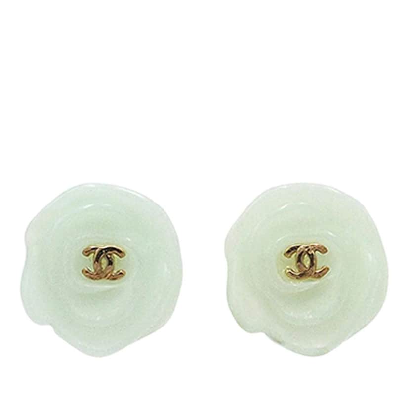 Chanel CC Resin Gold Plated Camellia Push Back Earrings Green Good condition - Front View