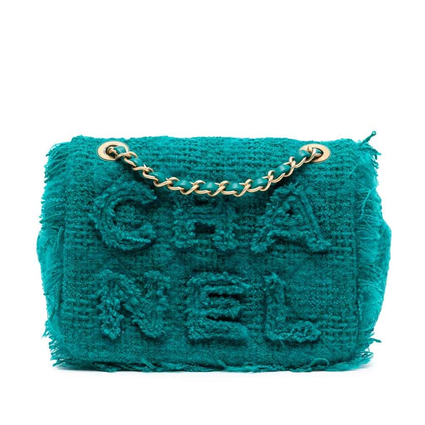 Chanel Small Wool Tweed Giant Logo Flap Blue Tweed Very good condition - Front View