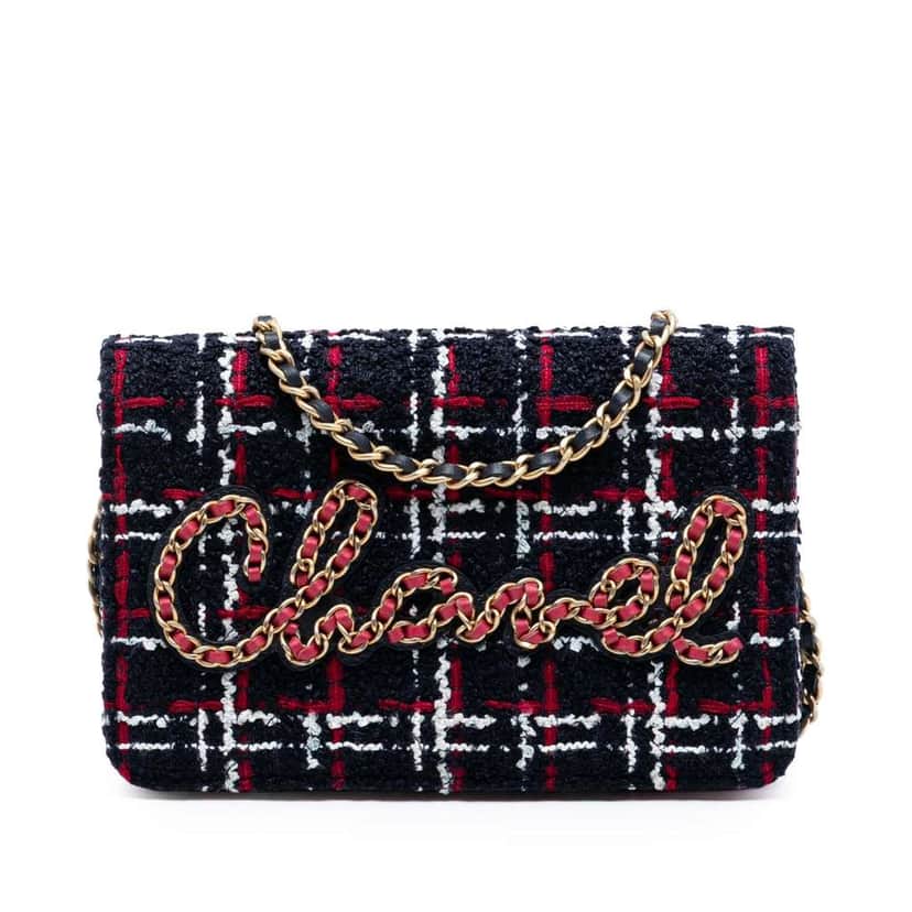 Chanel Tweed Written in Chain Logo Wallet on Chain Blue Tweed Very good condition - Front View