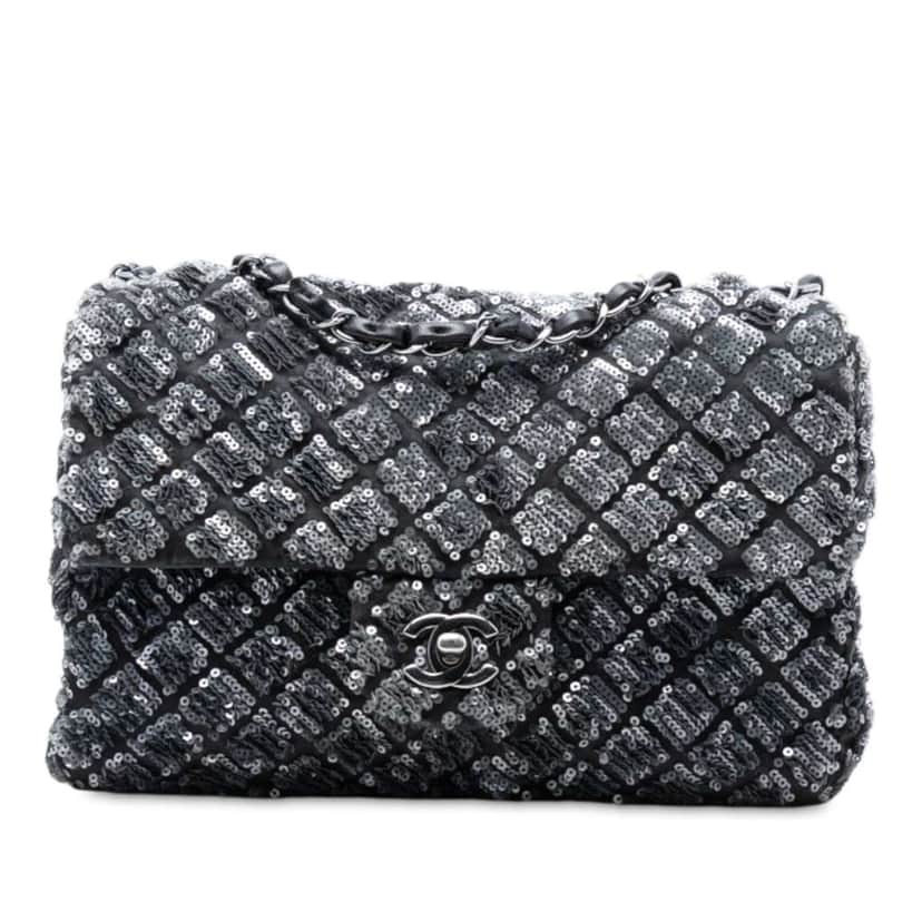 Chanel Medium CC Quilted Lambskin Sequin Single Flap Black Leather Good condition - Front View