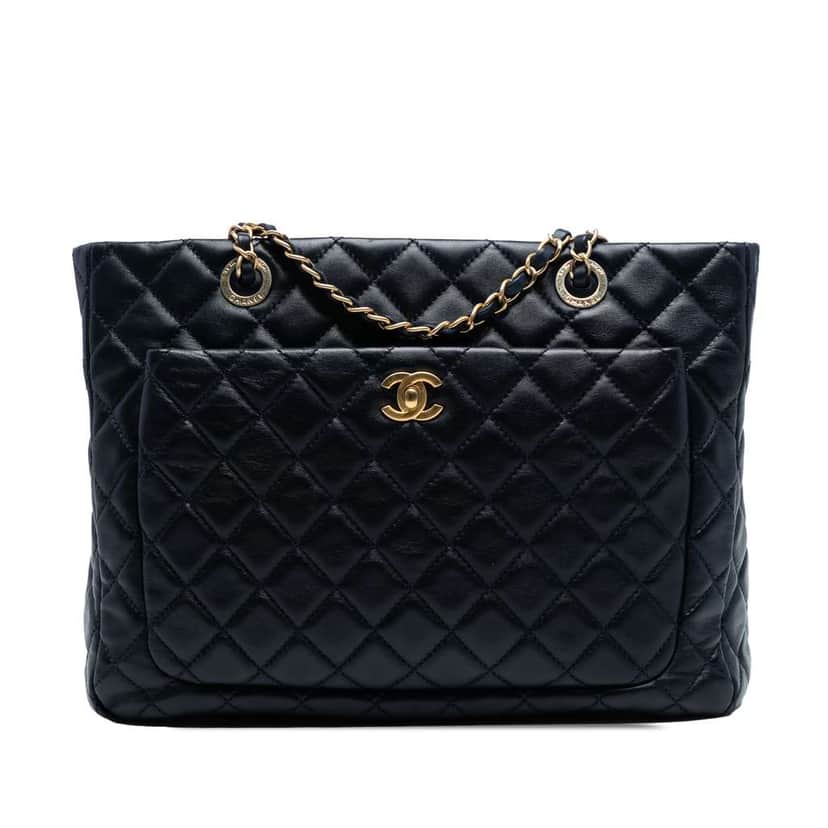 Chanel CC Quilted Lambskin Front Pocket Shopping Tote Blue Leather Good condition - Front View