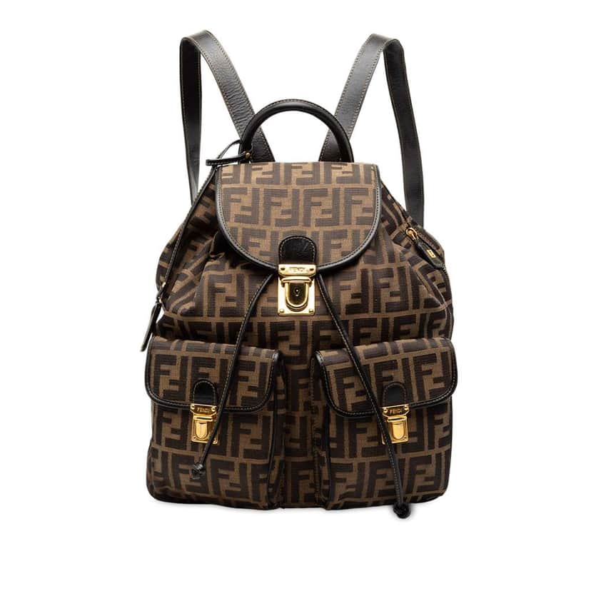 Fendi Leather Trimmed Zucca Canvas Drawstring Backpack Brown Canvas Fair condition - Front View