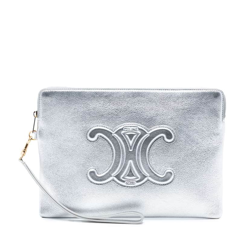 Celine Metallic Calfskin Cuir Triomphe Zip Pouch Silver Leather Good condition - Front View