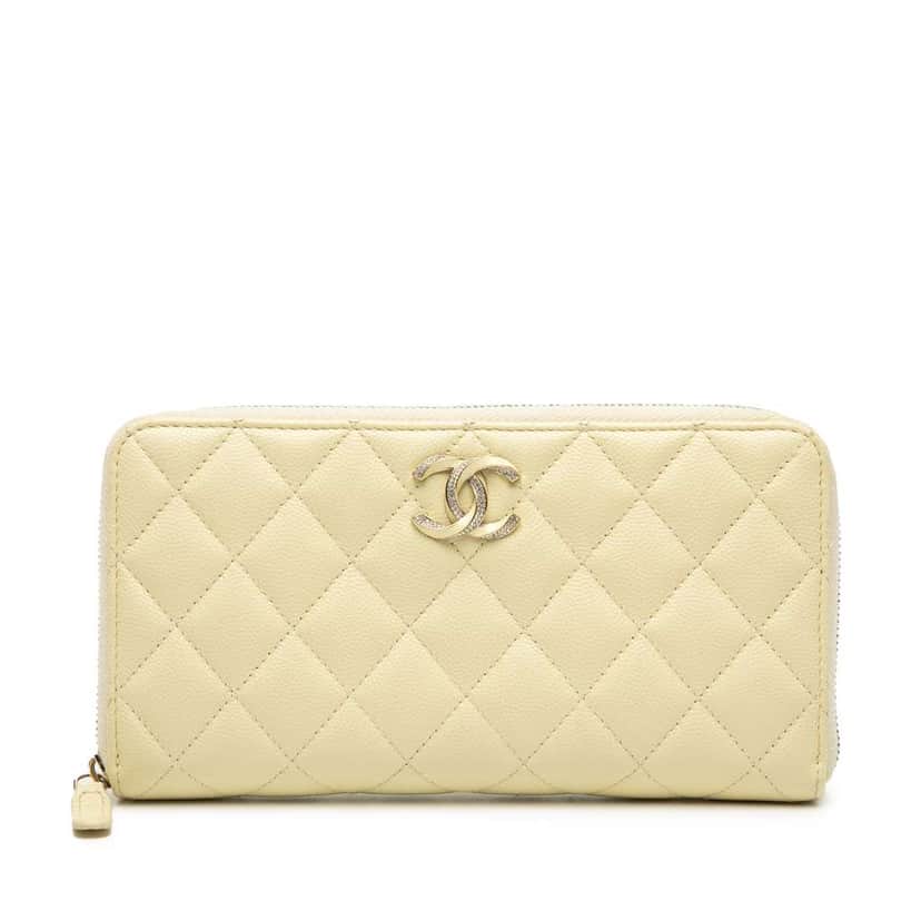 Chanel CC Quilted Caviar Enamel Rhinestone Zip Around Long Wallet Yellow Leather Good condition - Front View
