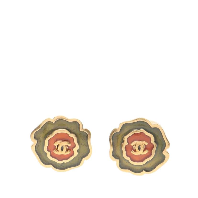 Chanel Enamel Camellia CC Stud Push Back Earrings Green Good condition - Front View