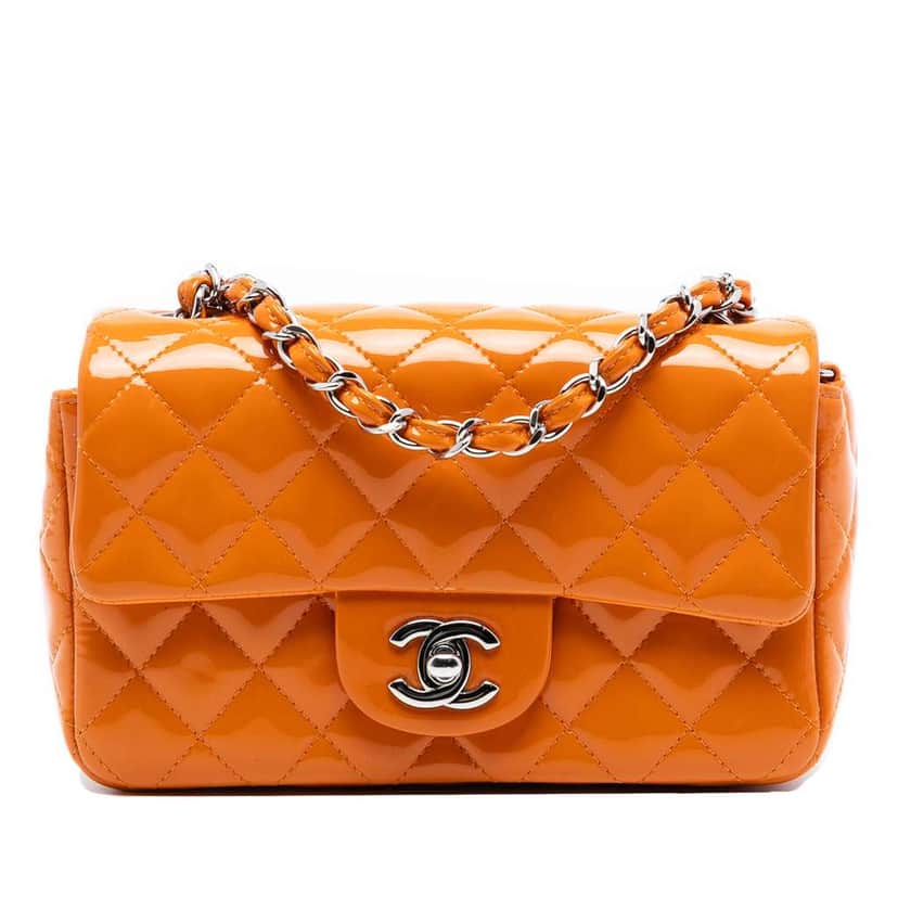 Chanel Mini Rectangular Classic Patent Single Flap Orange Leather Good condition - Front View