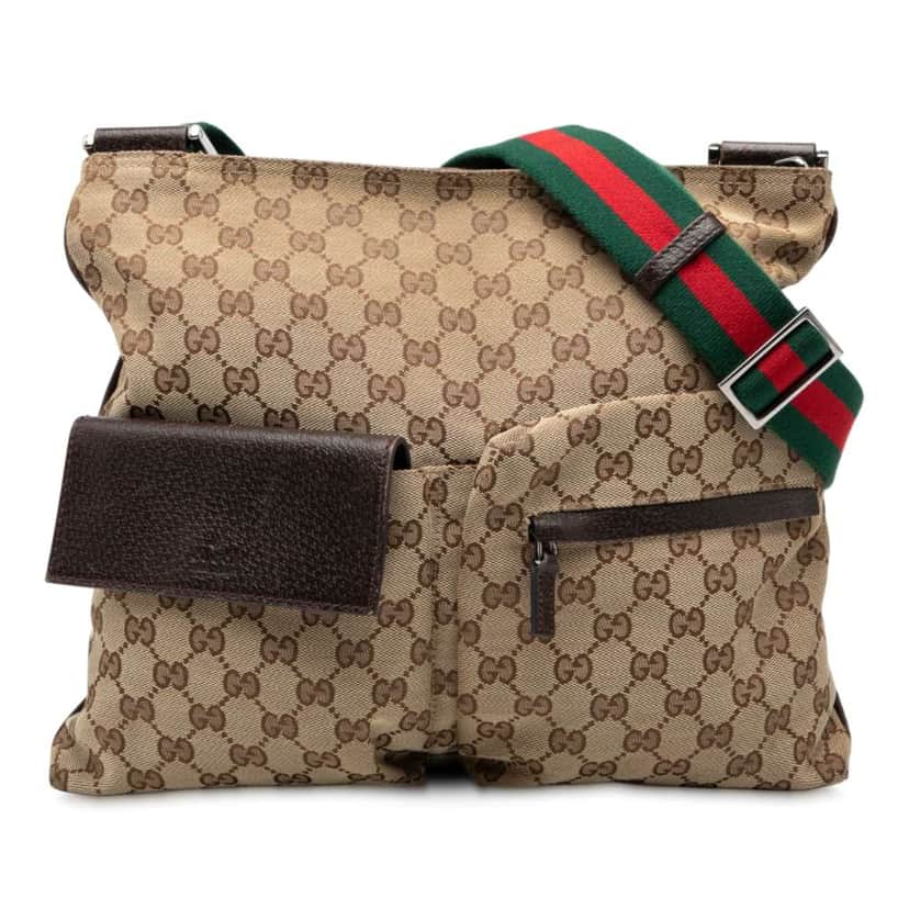 Gucci GG Canvas Web Double Pocket Crossbody Brown Canvas Fair condition - Front View