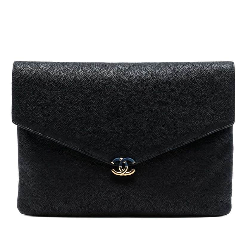 Chanel Paris Cuba Quilted Caviar Thread Around Envelope Clutch Black Leather Good condition - Front View