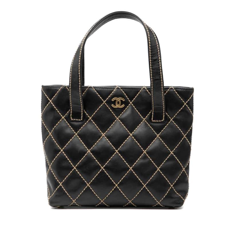 Chanel Small CC Quilted Calfskin Wild Stitch Tote Black Leather Good condition - Front View