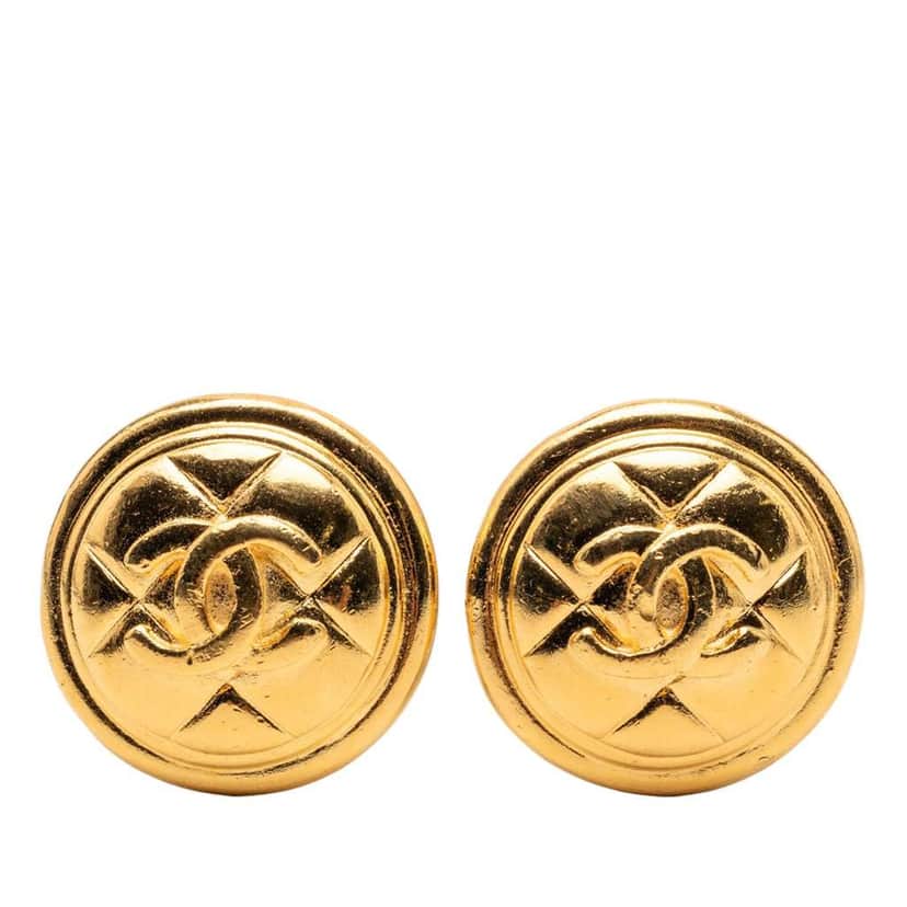 Chanel Gold Plated CC Quilted Round Clip On Earrings Gold Metal Good condition - Front View