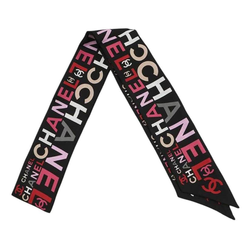 Chanel CC Logo Print Silk Bandeau Scarf Black Silk Good condition - Front View