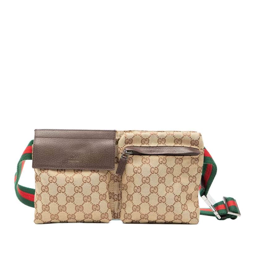 Gucci GG Canvas Web Double Pocket Belt Bag Brown Canvas Good condition - Front View