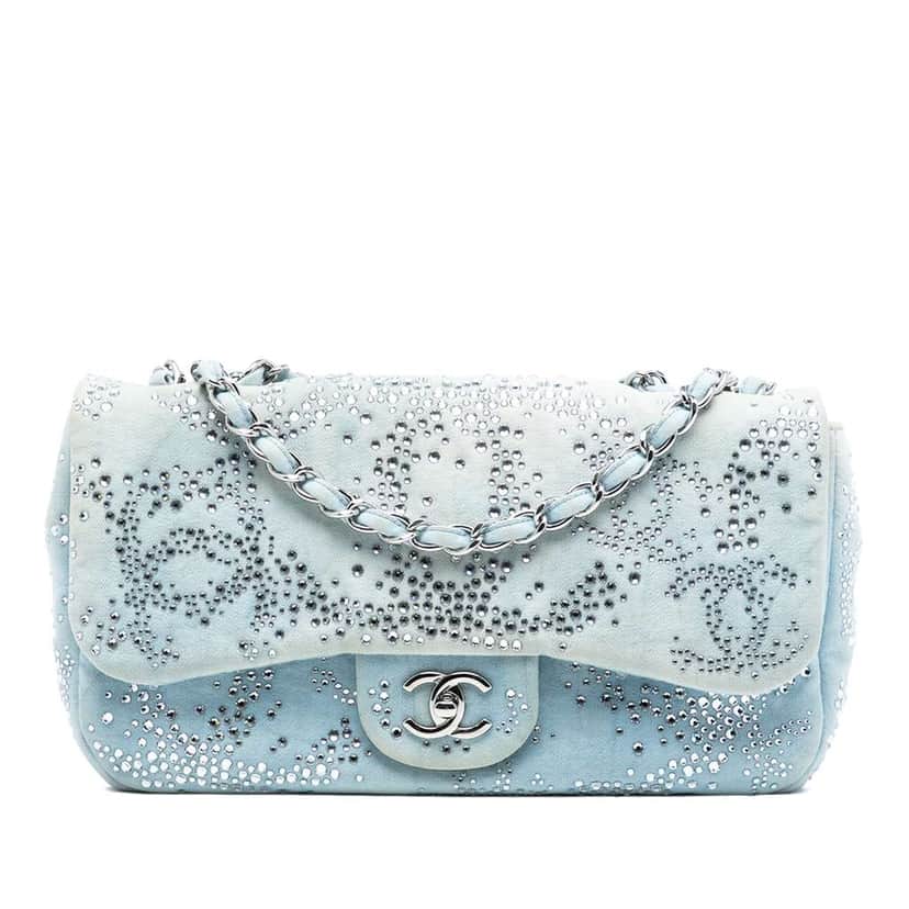 Chanel Medium CC Quilted Denim Crystal Embellished Single Flap Blue Denim Fair condition - Front View