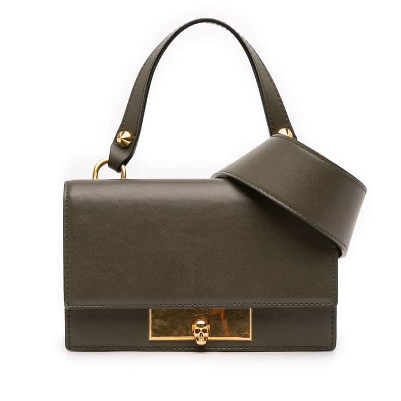 Alexander McQueen Mini Leather Skull Lock Top Handle Bag Green Leather Very good condition - Front View