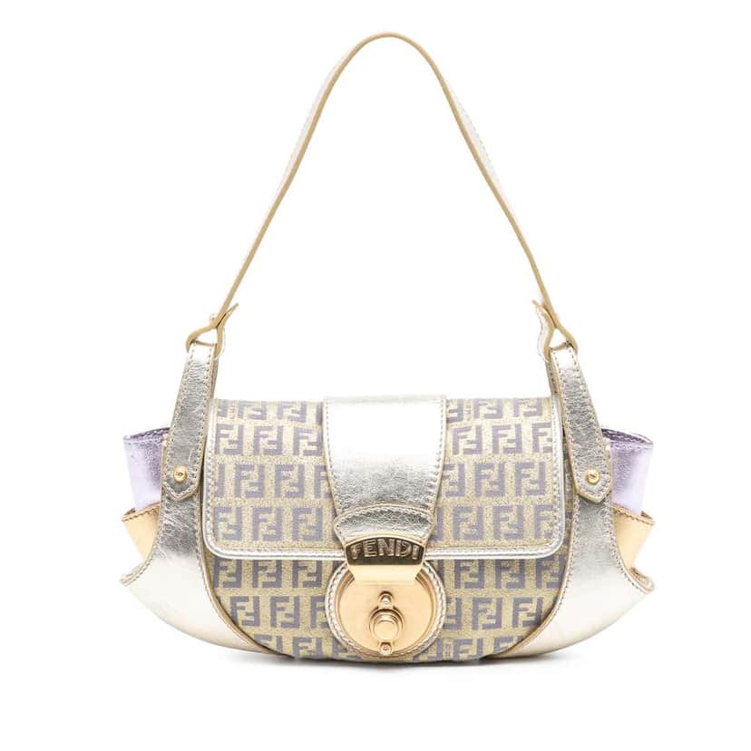 Fendi Zucchino Coated Canvas and Metallic Leather Compilation Shoulder Bag Gold Canvas Good condition - Front View