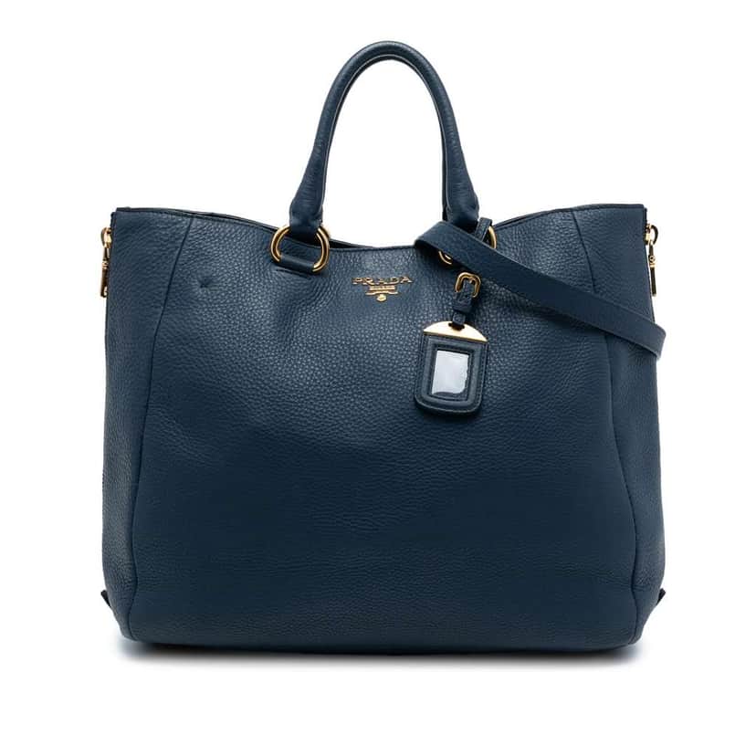 Prada Vitello Daino Side Zip Convertible Tote Blue Leather Good condition - Front View