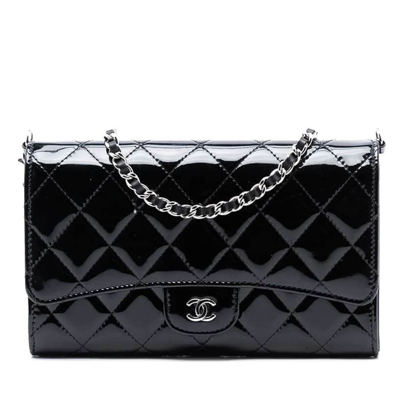 Chanel Classic Patent Wallet On Chain Black Leather Good condition - Front View