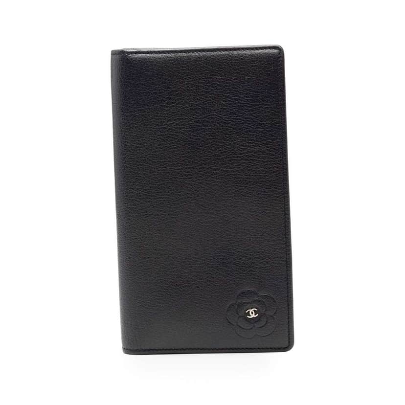 Chanel CC Calfskin Camellia Long Wallet Black Leather Good condition - Front View