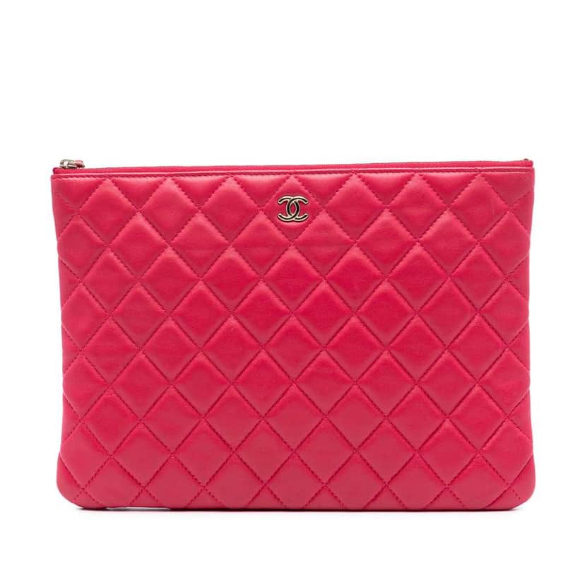 Chanel Medium Quilted Lambskin O Case Clutch Pink Leather Very good condition - Front View