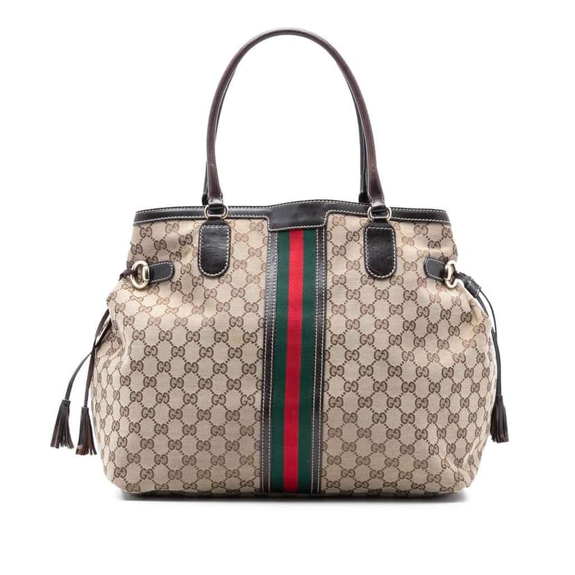 Gucci GG Canvas Web Tassel Tote Brown Canvas Good condition - Front View