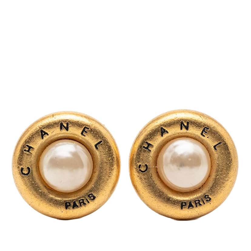 Chanel Gold Plated Faux Pearl Logo Round Clip on Earrings Gold Metal Good condition - Front View