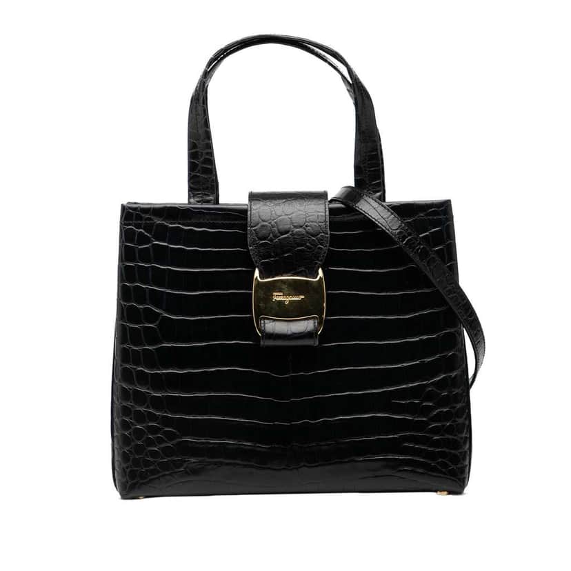 Salvatore Ferragamo Croc Embossed Leather Vara Bow Satchel Black Leather Good condition - Front View