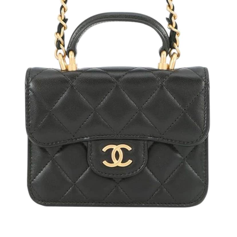 Chanel CC Quilted Lambskin Top Handle Flap Coin Purse with Chain Black Leather Good condition - Front View
