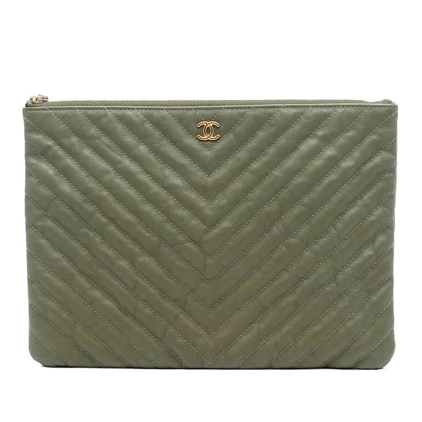 Chanel Medium Chevron Caviar O Case Clutch Green Leather Good condition - Front View