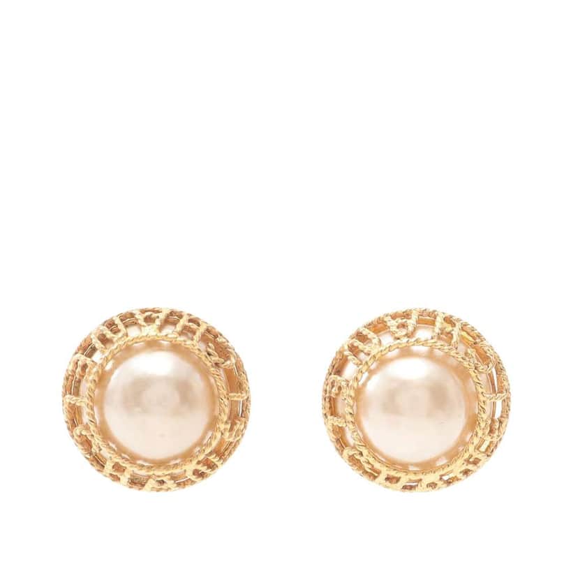 Chanel Gold Plated Faux Pearl Logo Clip On Earrings Gold Metal Good condition - Front View
