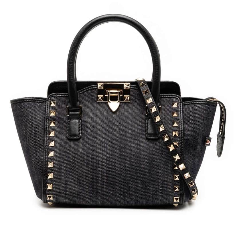 Valentino Small Denim Rockstud Trapeze Satchel Black Denim Good condition - Front View