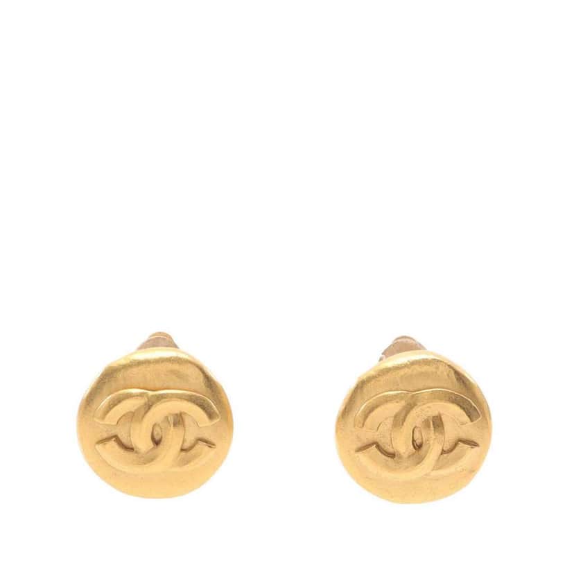 Chanel CC Gold Plated Button Clip On Earrings Gold Metal Good condition - Front View
