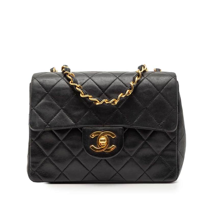 Chanel Mini Square Classic Lambskin Single Flap Black Leather Good condition - Front View