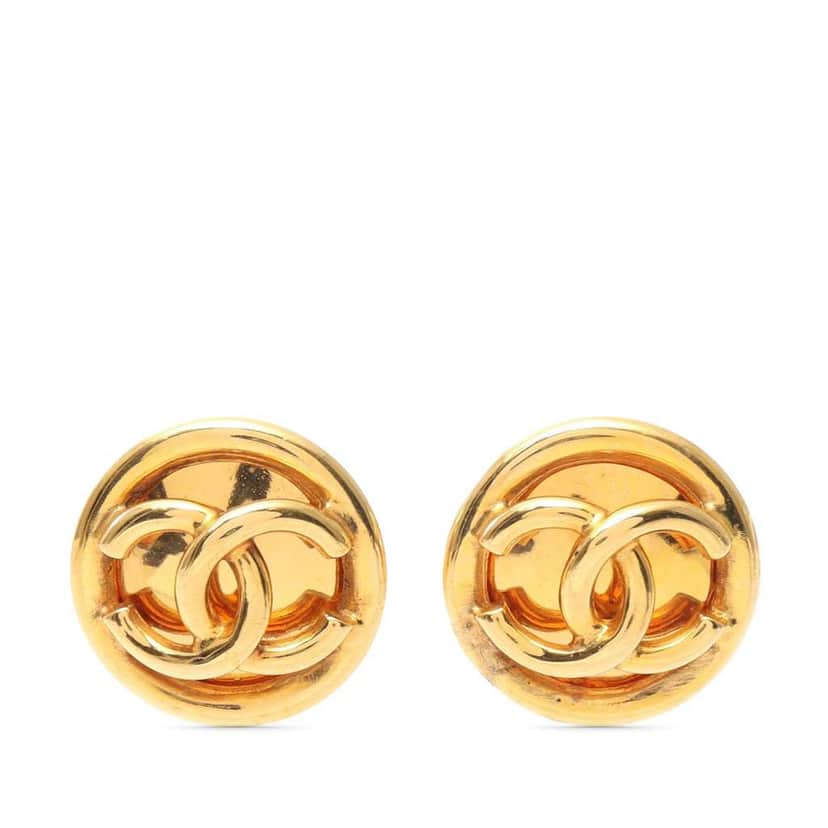Chanel CC Gold Plated Button Clip On Earrings Gold Metal Good condition - Front View